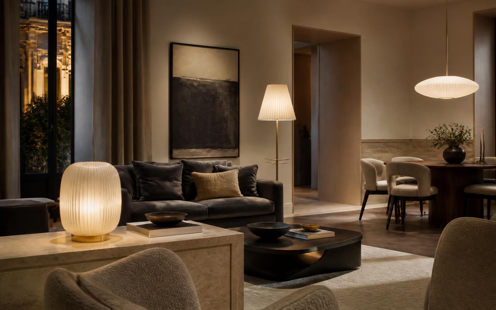 Maison Lumora lighting arranged in a living and dining room
