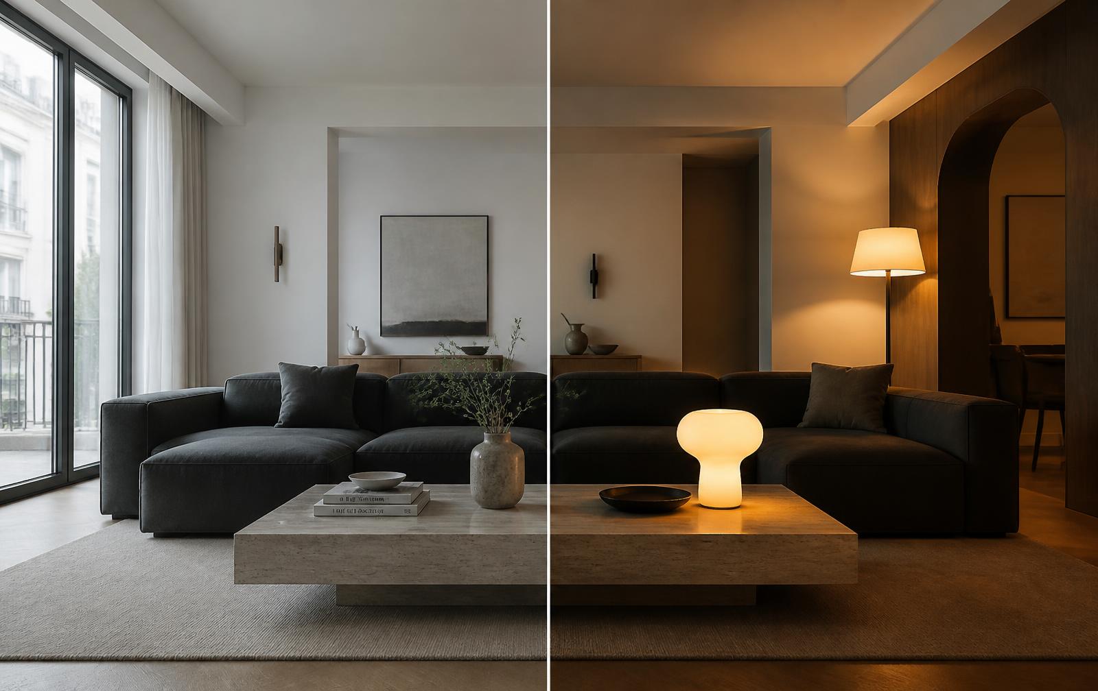 A room before and after atmospheric lighting